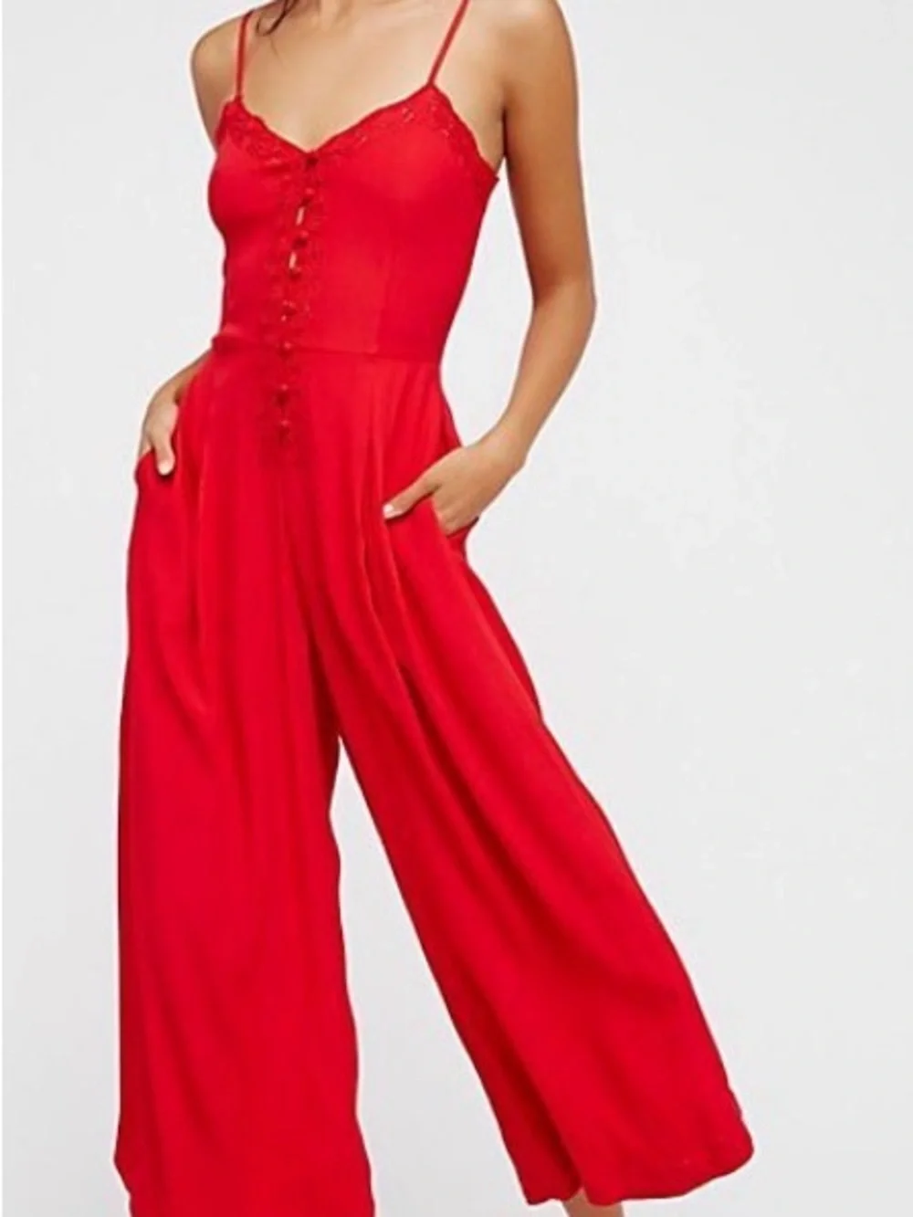 Free People Red Satin Button-Front Lace-Trim Jumpsuit